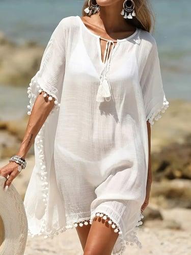 Women's Beach Dress Tropical Stylish Plain Midi Dress Short Sleeve Crew Neck Patchwork Loose Fit Daily Date White Summer