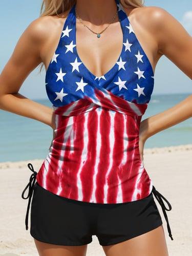 Women's Swimwear Tankini 2 Piece Swimsuit American Flag Print Vacation Bathing Suits