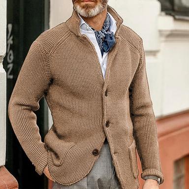 Men's Sweater Cardigan Sweater Jacket Blazer Waffle Knit  Stand Collar Cropped Knitted Solid Color Long Sleeve Basic Stylish Outdoor Daily Clothing Apparel Fall Winter Blue Khaki S M L
