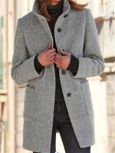 Women's Winter Coat Coat Warm Breathable Buttons Pocket Daily Modern Casual Street Style Plain Outdoor Street Daily Wear Going out Single Breasted Stand Collar Regular Fit Long Sleeve Outerwear Black