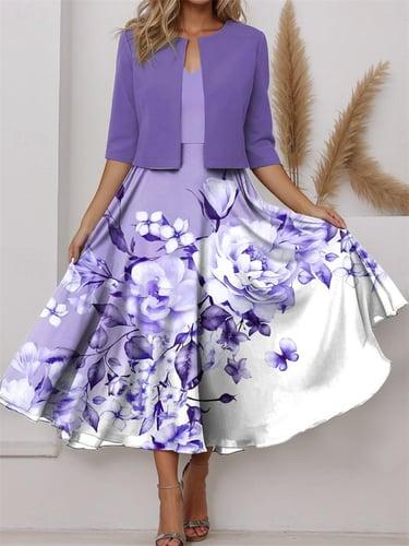 Women's Dress Set Casual Dress Chiffon Dress Swing Dress Elegant Floral Print Midi Dress Half Sleeve V Neck Valentine's Day Date Purple Spring Regular Fit