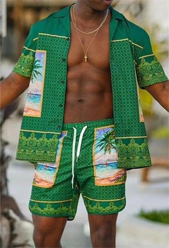 Men's Butterfly Leaves 2pcs Summer Hawaiian Shirt Short Sleeve Short Pants Shirts Sets Cuban Collar Tropical Fashion Hawaiian Casual Holiday Beach Print Black Black / Green Light Green