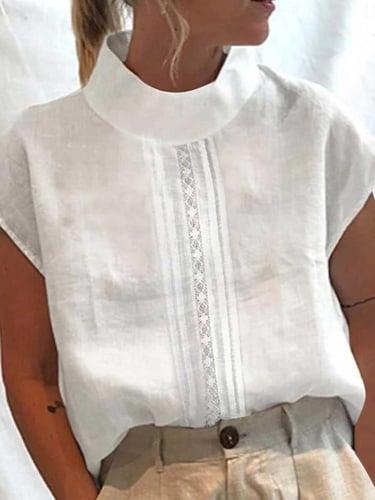 Women's Shirt Blouse Turtleneck shirt Elegant Fashion Basic Plain Regular Tops Short Sleeve Standing Collar Regular Fit Casual White Grey