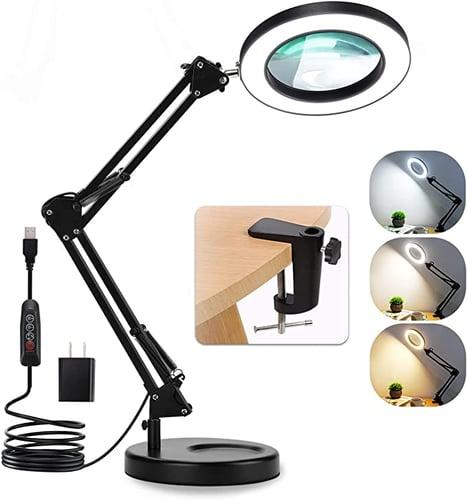 Flexible Clamp-on Table Lamp with 8x Magnifier Glass Swing Arm Dimmable Illuminated Magnifier LEDs Desk Light 3 Color Modes Lamp