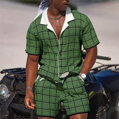 Men's Plaid Geometric Pattern 2pcs Summer Hawaiian Shirt Short Sleeve Short Pants Shirts Sets Cuban Collar Fashion Streetwear Designer Outdoor Daily Going out Print Navy Blue Blue Sky Blue