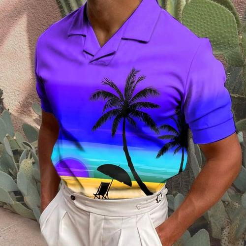 Men's Coconut Tree Graphic Prints Sunset Polo Shirt Hawaiian Polo Shirt Golf Shirt Short Sleeves Shirt Cuban Collar Outdoor Street Yellow Blue Purple Orange Green Print Clothing Apparel Fashion
