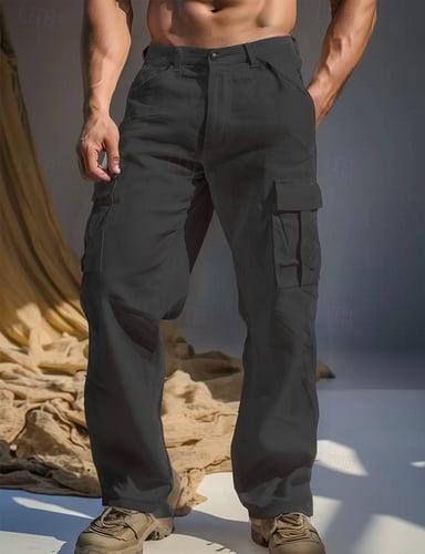Men's Linen Pants Trousers Summer Pants Multi Pocket Straight Leg Plain Comfort Breathable Full Length Outdoor Casual Daily Fashion Streetwear Black White