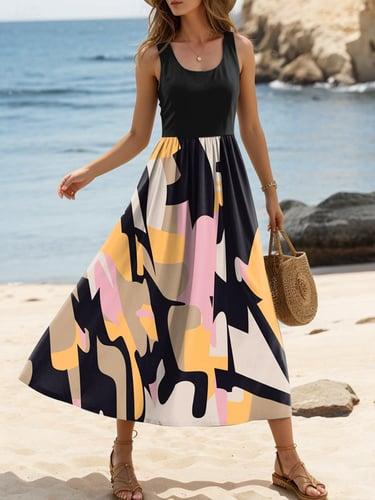 Women's Geometric Ruched Crew Neck Long Dress Maxi Dress Casual Summer