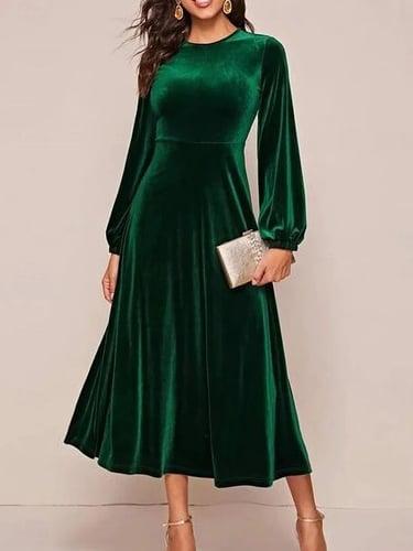 Women's Velvet Dress Round Neck Long Sleeve Flared Midi Green Elegant Holiday Party Dinner Formal Occasion Various Sizes