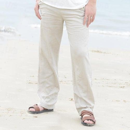 Men's Linen Pants Trousers Summer Pants Beach Pants Pocket Drawstring Elastic Waist Plain Comfort Breathable Daily Holiday Vacation Hawaiian Boho Black Khaki