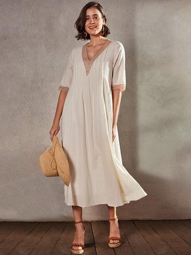 Women's Casual Dress Cotton Linen Dress Swing Dress Midi Dress Patchwork Basic Daily V Neck Half Sleeve Summer Spring Apricot Plain