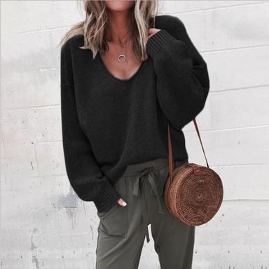 Women's Pullover Sweater Oversized Jumper Knitted Solid Color Stylish Basic Casual Long Sleeve Regular Fit Sweater Cardigans V Neck Fall Winter Black Purple Gray / Holiday
