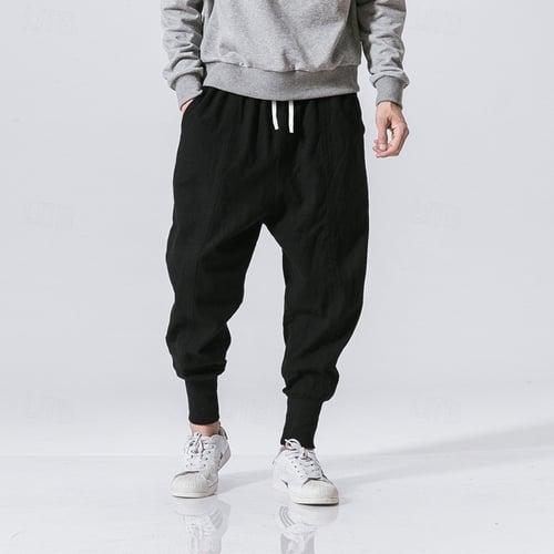 Men's Linen Pants Trousers Patchwork Drawstring Harem Solid Color Breathable Quick Dry Street Casual Athleisure Loose Fit Black Gray Micro-elastic / Winter / Cropped Pants / Moisture Wicking