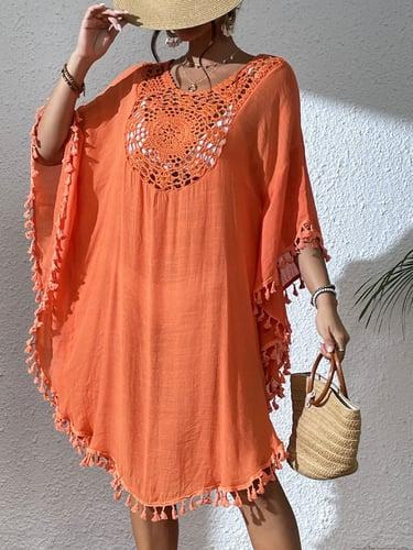 Women's Sundress Tropical Hawaiian Stylish Plain Midi Dress Short Sleeve Crew Neck Patchwork Fringe Regular Fit Vacation Daily Black White Orange Summer