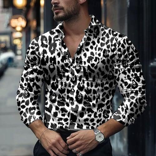 Men's Button Up Shirt Collarless Shirt Long Sleeve Fashion Casual Casual Daily Winter Spring &  Fall Stand Collar Black-white
