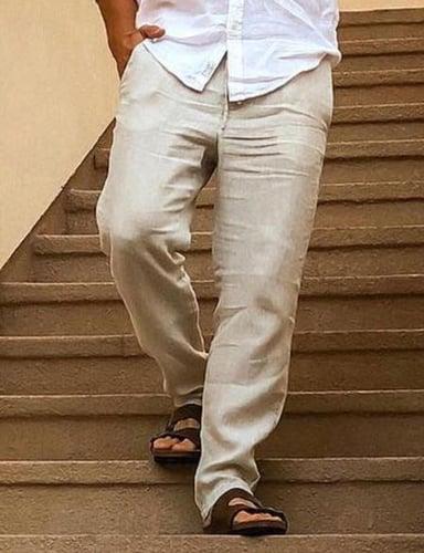 Men's Linen Pants Trousers Summer Pants Drawstring Elastic Waist Plain Comfort Breathable Daily Beach Fashion Simple Khaki Micro-elastic