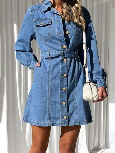Women's Denim Dress Shirt Dress Mini Dress Date Vacation Denim Basic Modern Shirt Collar Button Pocket Long Sleeve Summer Spring Regular Fit Plain