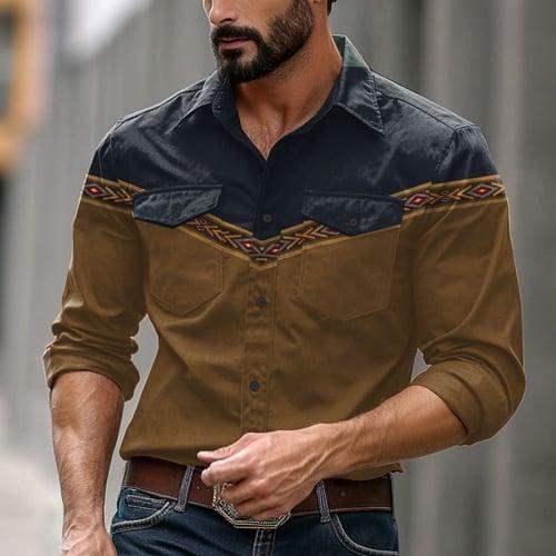 Men's Color Block Western Shirt Button Up Shirt Cowboy Shirt Long Sleeve Vintage Western Dailywear Spring Fall Winter Turndown Collared Shirts 3D Print Brown