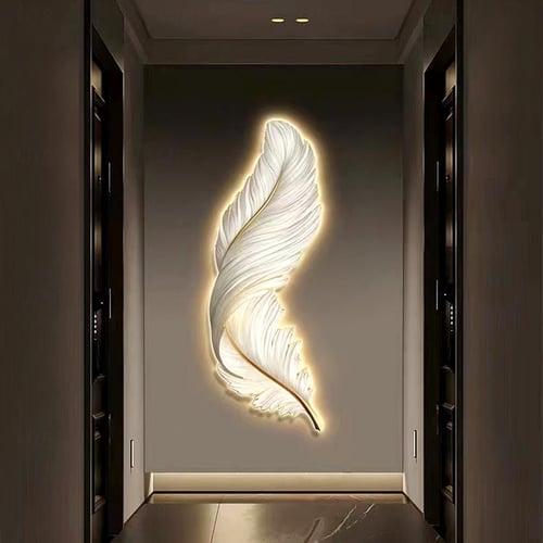 Led Lamp Painting Resin Precision Carving Painting Warm Lamp Feather 3000K with Remote Control With EU Plug Floor Panel Painting Minimalist Porch Mural Sofa Background Wall Hanging Painting AC220V