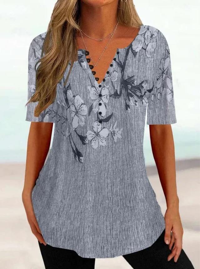 Women's T shirt Tee Henley Shirt Floral Button Print Holiday Weekend Tunic Basic Short Sleeve Round Neck White